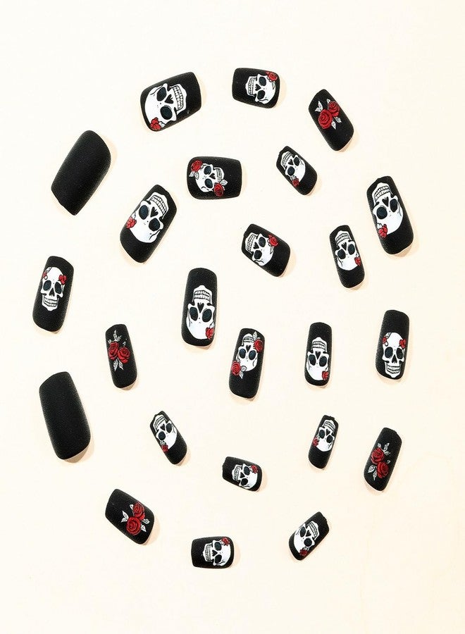 OCOUYVD Halloween Press on Nails Skull & Rose False Nails Designs Short Square Fake Nail Black Matte Full Cover Acrylic Nails Halloween Artificial Stick on Nail for Women Art Manicure 24 Pcs - Image 2